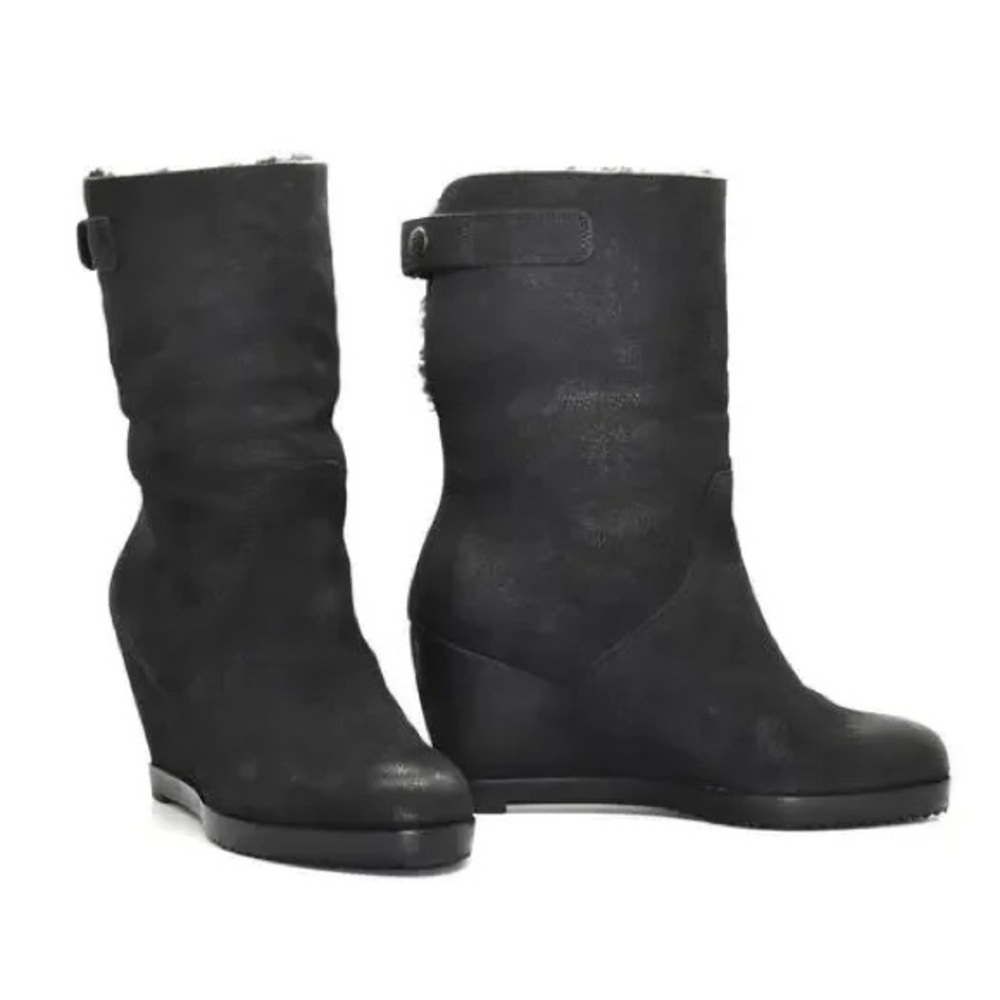Eileen Fisher Glad Shearling Lined Fold Over Wedge Boots Black Nubuck Leather 10